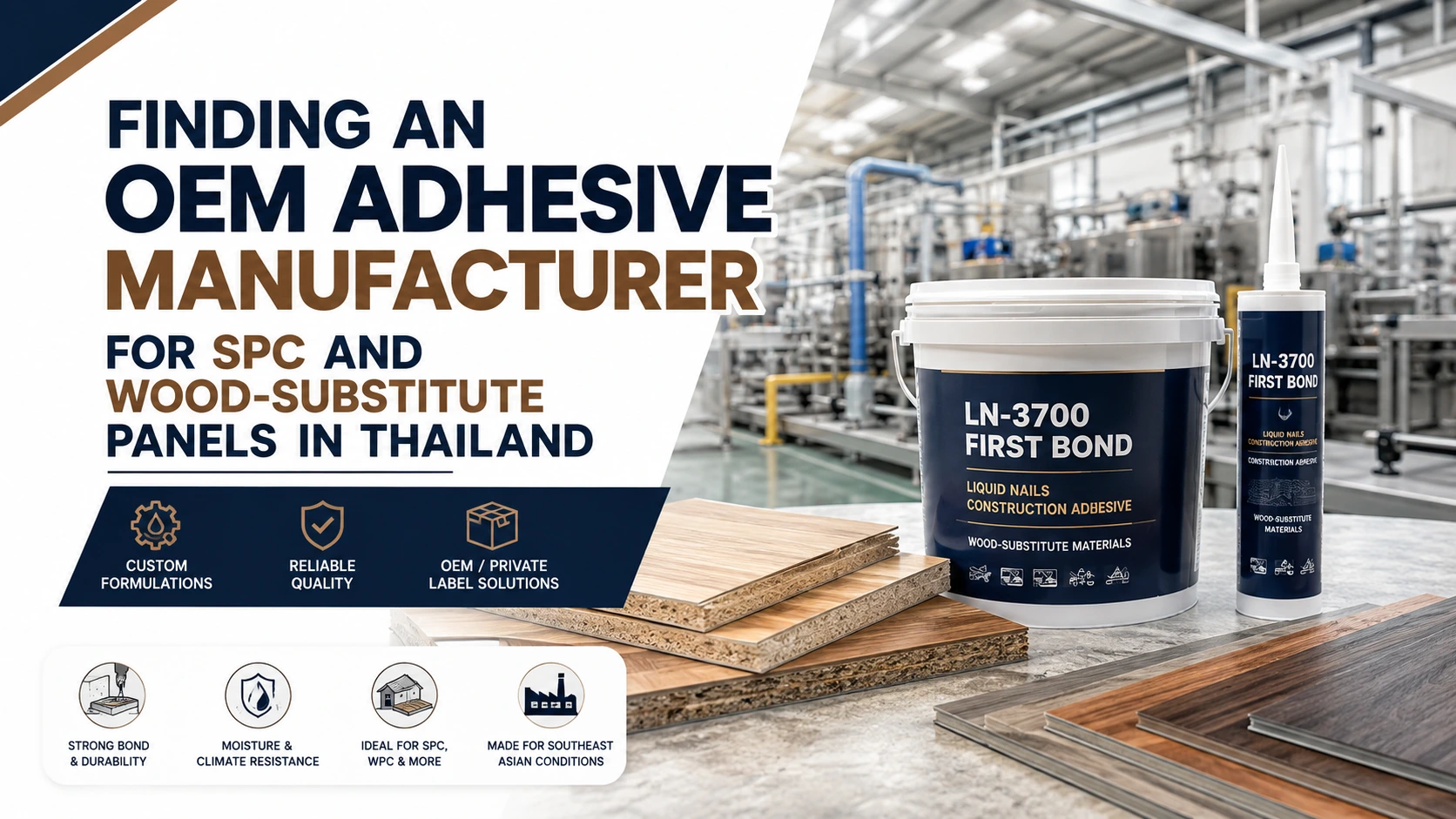 OEM adhesive manufacturing for SPC and wood-substitute panels in Thailand featuring industrial adhesive products and flooring panel materials in a modern production facility.