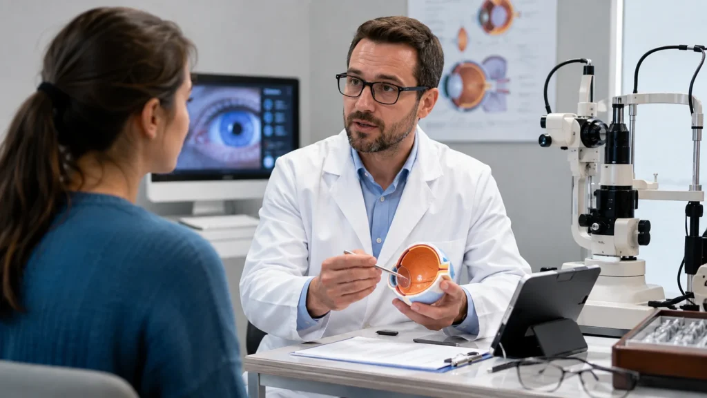 Eye specialist explaining vision correction consultation and diagnostic eye tests to a patient during an initial eye examination.