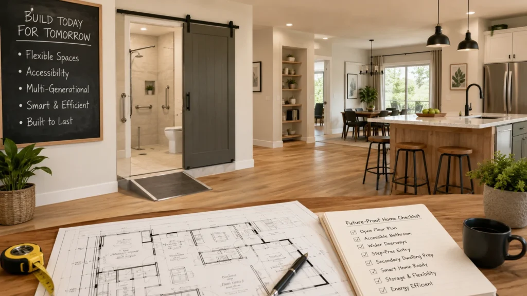 Modern future-proof home design with flexible spaces, accessible bathroom, and smart home features