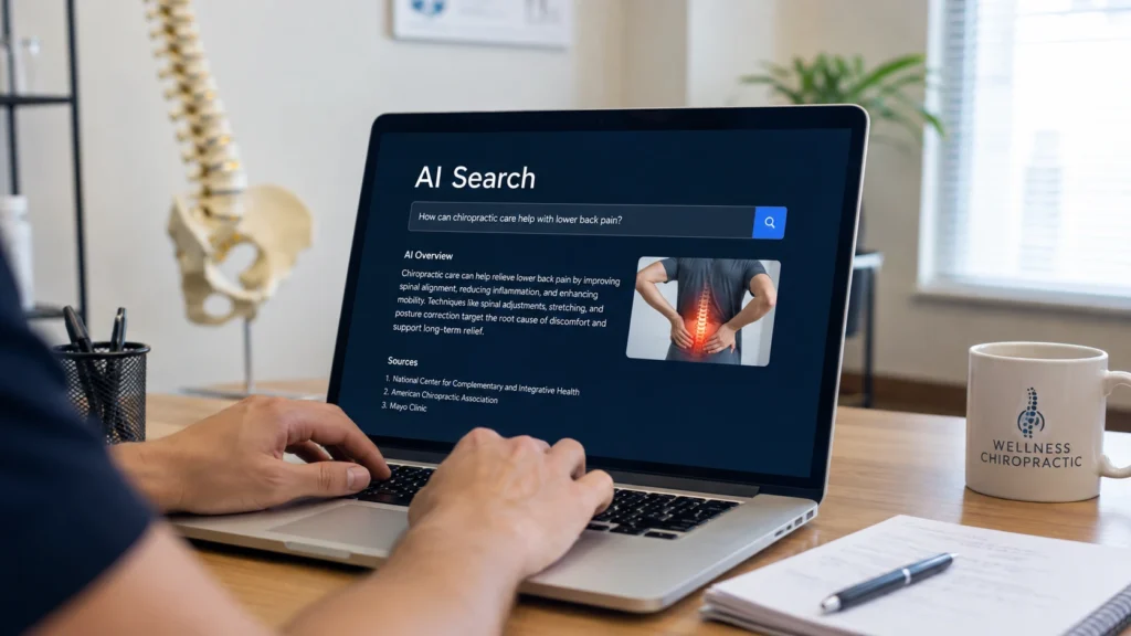 Chiropractic clinic SEO strategy displayed on a laptop showing AI search results