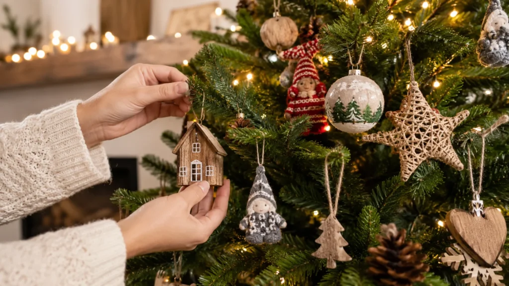 Hands hanging a handcrafted wooden house ornament on a Christmas tree decorated with handmade wooden, woven, and felt ornaments