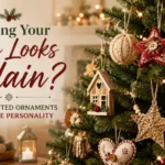 Christmas tree decorated with handcrafted wooden, woven, fabric, and knit ornaments in a cozy living room