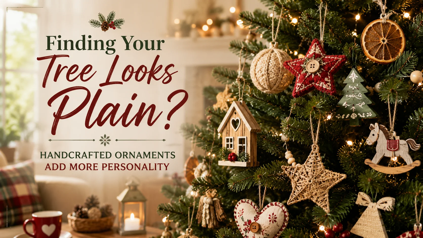 Christmas tree decorated with handcrafted wooden, woven, fabric, and knit ornaments in a cozy living room