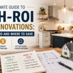 High-ROI home renovations guide showing a modern kitchen, renovation plans, and where to spend or save on remodeling