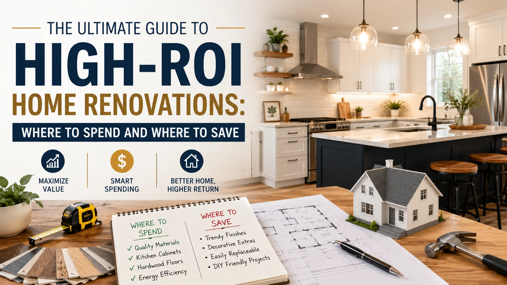 High-ROI home renovations guide showing a modern kitchen, renovation plans, and where to spend or save on remodeling