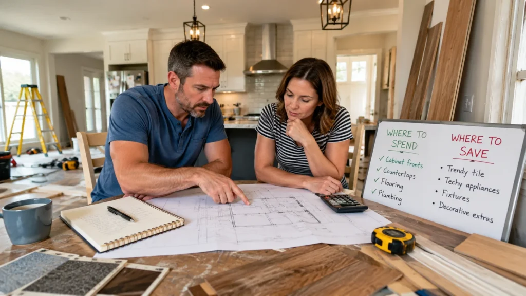 Couple planning a home renovation budget with areas to spend and save on kitchen, flooring, and remodeling upgrades