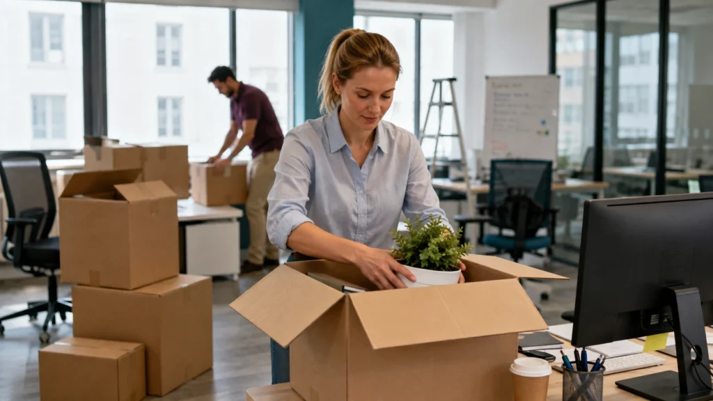 Small business owner packing office equipment while relocating from a home business to a commercial workspace