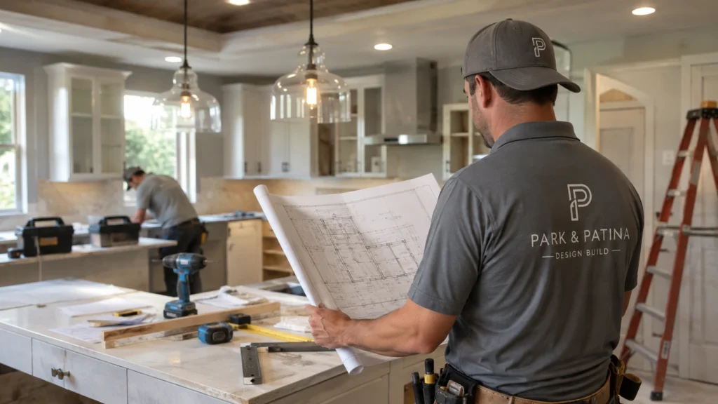 Home remodeling contractor reviewing renovation plans in a Longwood FL kitchen remodel