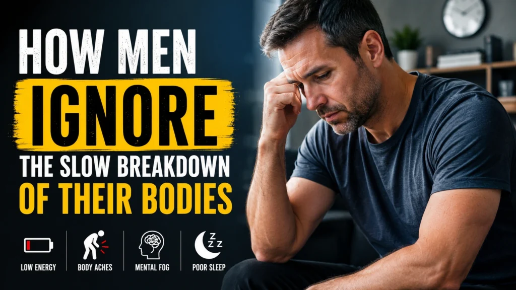 Worried middle-aged man experiencing low energy and health warning signs while ignoring the slow breakdown of his body