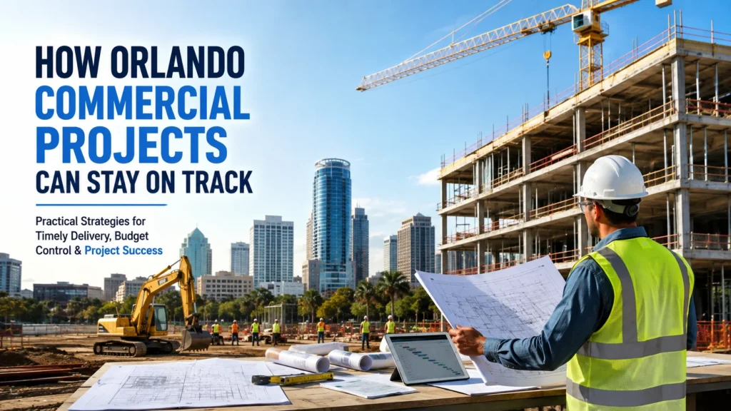 Orlando commercial construction project with a construction manager reviewing blueprints at an active building site