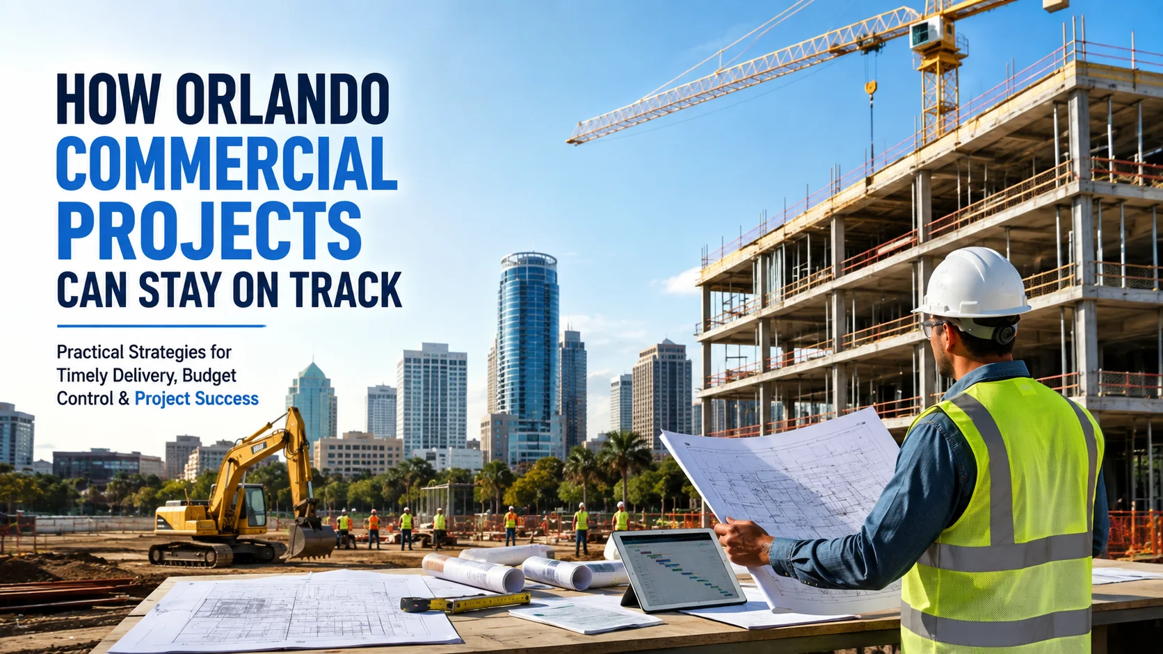 Orlando commercial construction project with a construction manager reviewing blueprints at an active building site