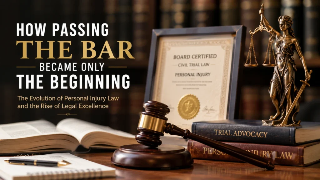 How passing the bar became only the beginning, featuring a gavel, Lady Justice, legal books, and a board certification certificate