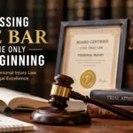 How passing the bar became only the beginning, featuring a gavel, Lady Justice, legal books, and a board certification certificate