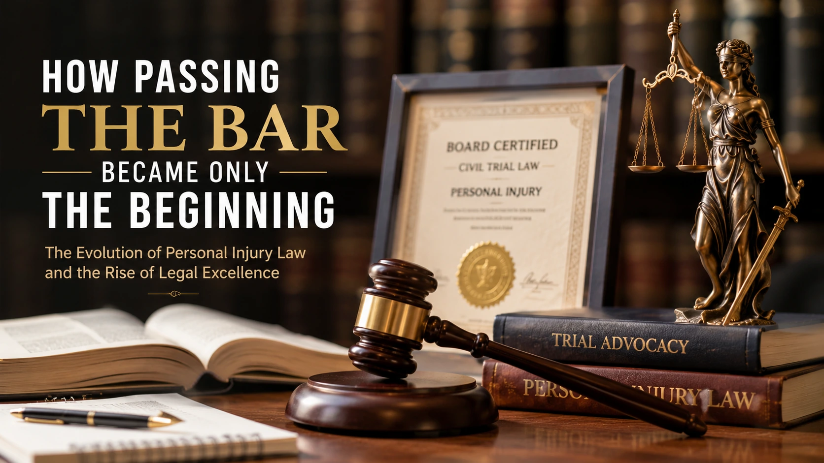 How passing the bar became only the beginning, featuring a gavel, Lady Justice, legal books, and a board certification certificate