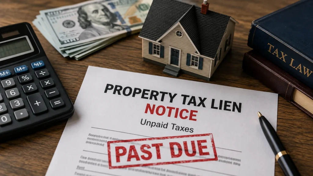 Property tax lien notice with a model house, calculator, cash, and tax law book illustrating how unpaid property taxes can affect homeowners.