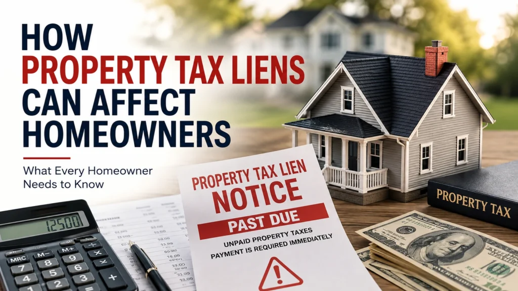 Feature image showing a property tax lien notice, model house, calculator, cash, and tax documents illustrating how property tax liens can affect homeowners and homeownership.
