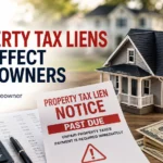 Feature image showing a property tax lien notice, model house, calculator, cash, and tax documents illustrating how property tax liens can affect homeowners and homeownership.