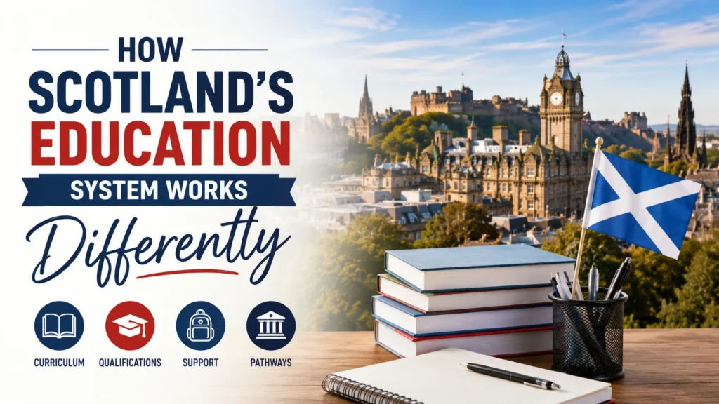 How Scotland's education system works differently, featuring Edinburgh, Scottish flag and education materials