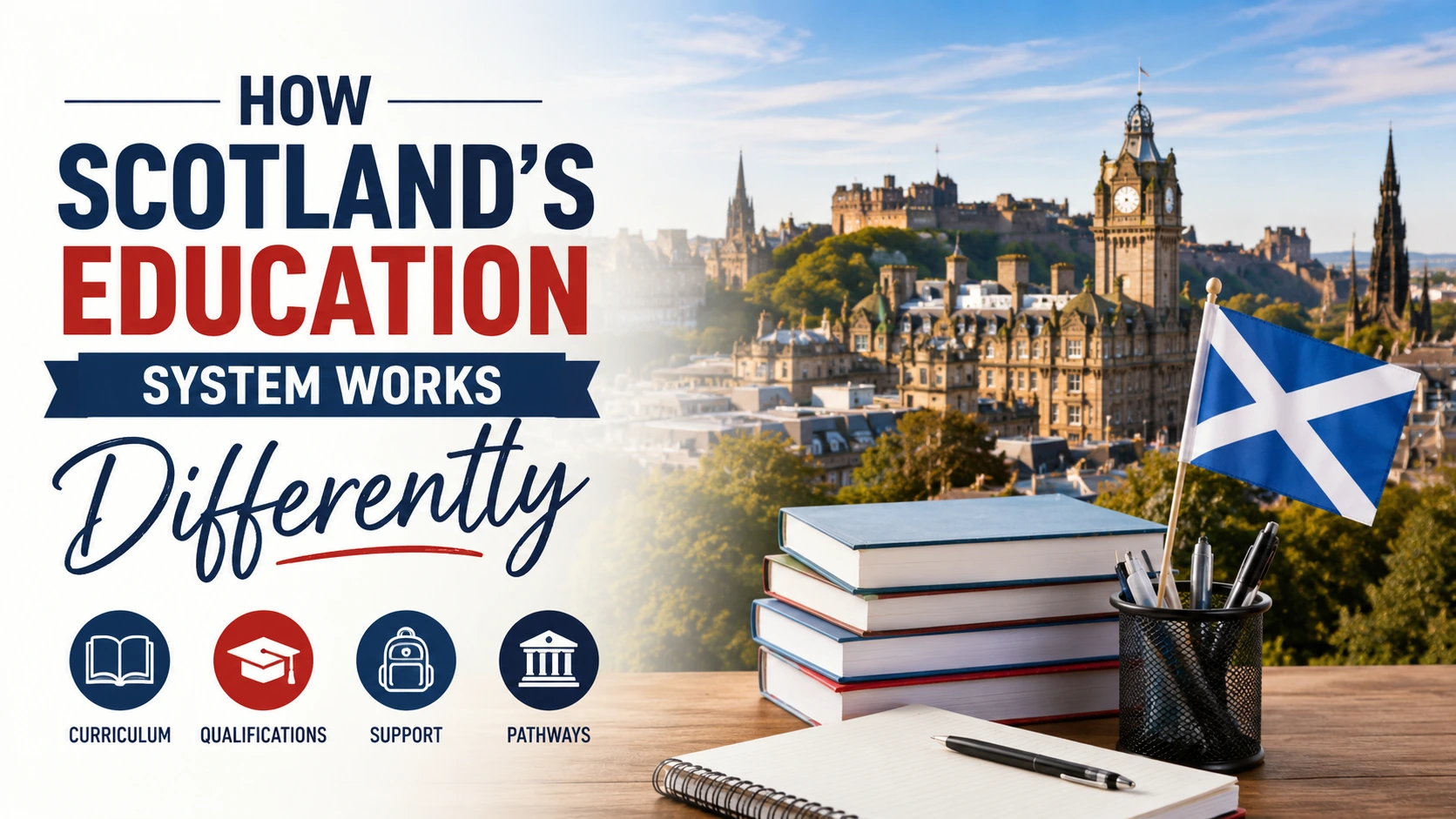 How Scotland's education system works differently, featuring Edinburgh, Scottish flag and education materials