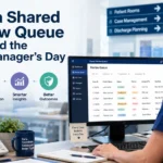 Case manager using a shared review queue dashboard in a modern hospital office to improve utilization management, care coordination, and patient case workflow.