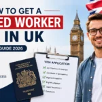 How to get a Skilled Worker Visa in UK featuring a UK passport, visa application checklist, Big Ben, Union Jack flag, and an international professional preparing to work in the United Kingdom.
