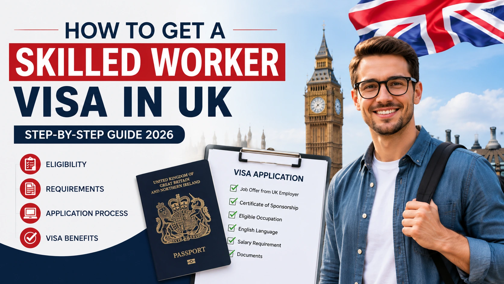 How to get a Skilled Worker Visa in UK featuring a UK passport, visa application checklist, Big Ben, Union Jack flag, and an international professional preparing to work in the United Kingdom.