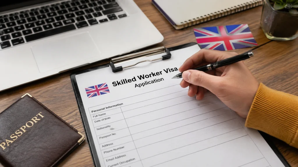 Person completing a UK Skilled Worker Visa application form with a passport, laptop, and UK flag on a desk, illustrating the visa application process.