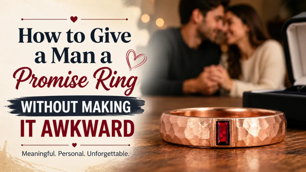 Couple sharing a romantic moment with a rose gold men's promise ring featuring a red gemstone, illustrating how to give a man a promise ring without making it awkward.