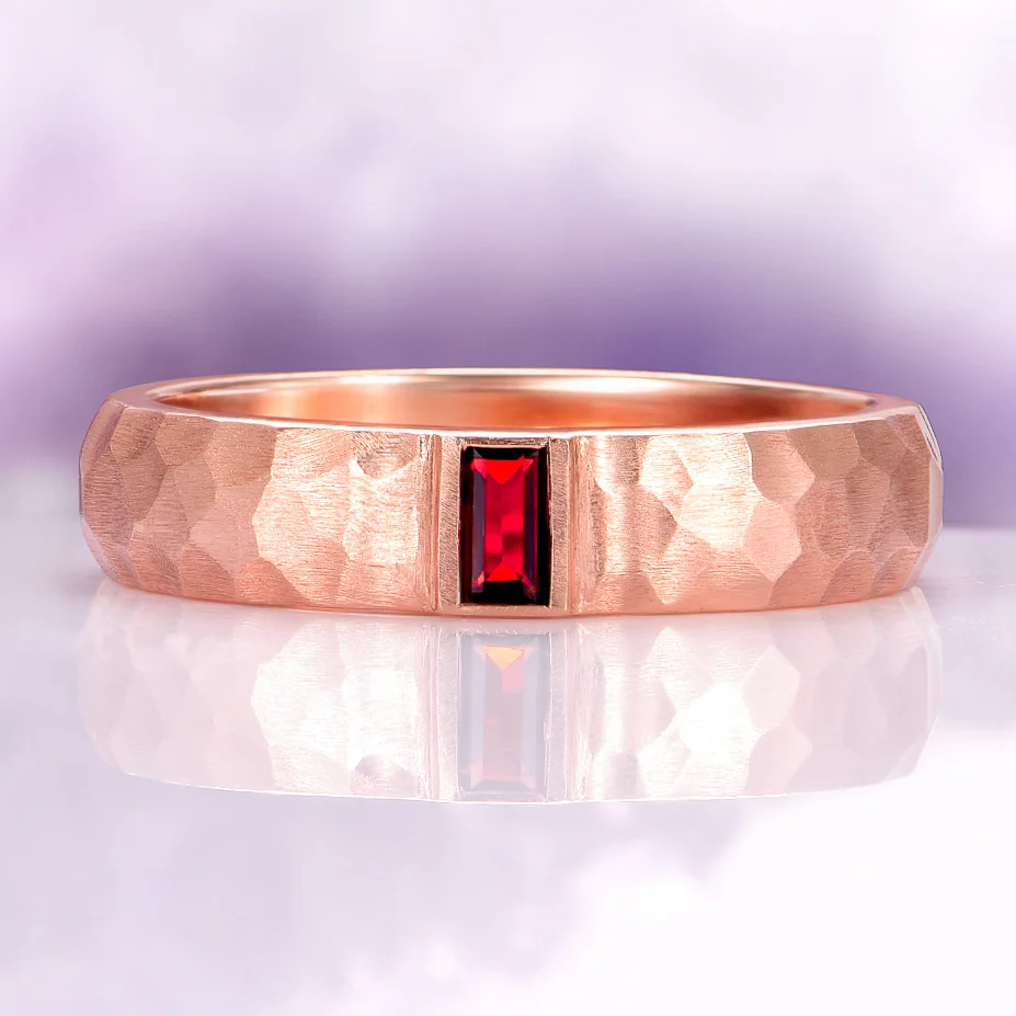 Rose gold men's promise ring with a hammered finish and rectangular red gemstone, symbolizing love, commitment, and a meaningful relationship promise.