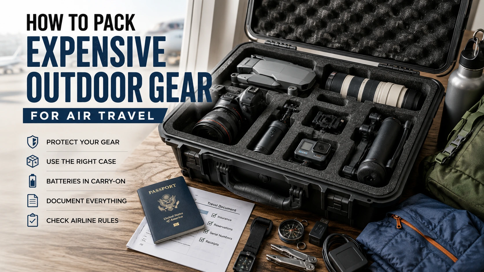 Expensive outdoor gear packed in a protective hard case for safe air travel