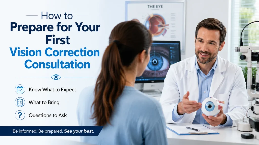 Eye doctor discussing a first vision correction consultation with a patient in a modern eye clinic, highlighting pre-surgery eye exams, diagnostic tests, and LASIK preparation.