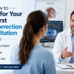 Eye doctor discussing a first vision correction consultation with a patient in a modern eye clinic, highlighting pre-surgery eye exams, diagnostic tests, and LASIK preparation.