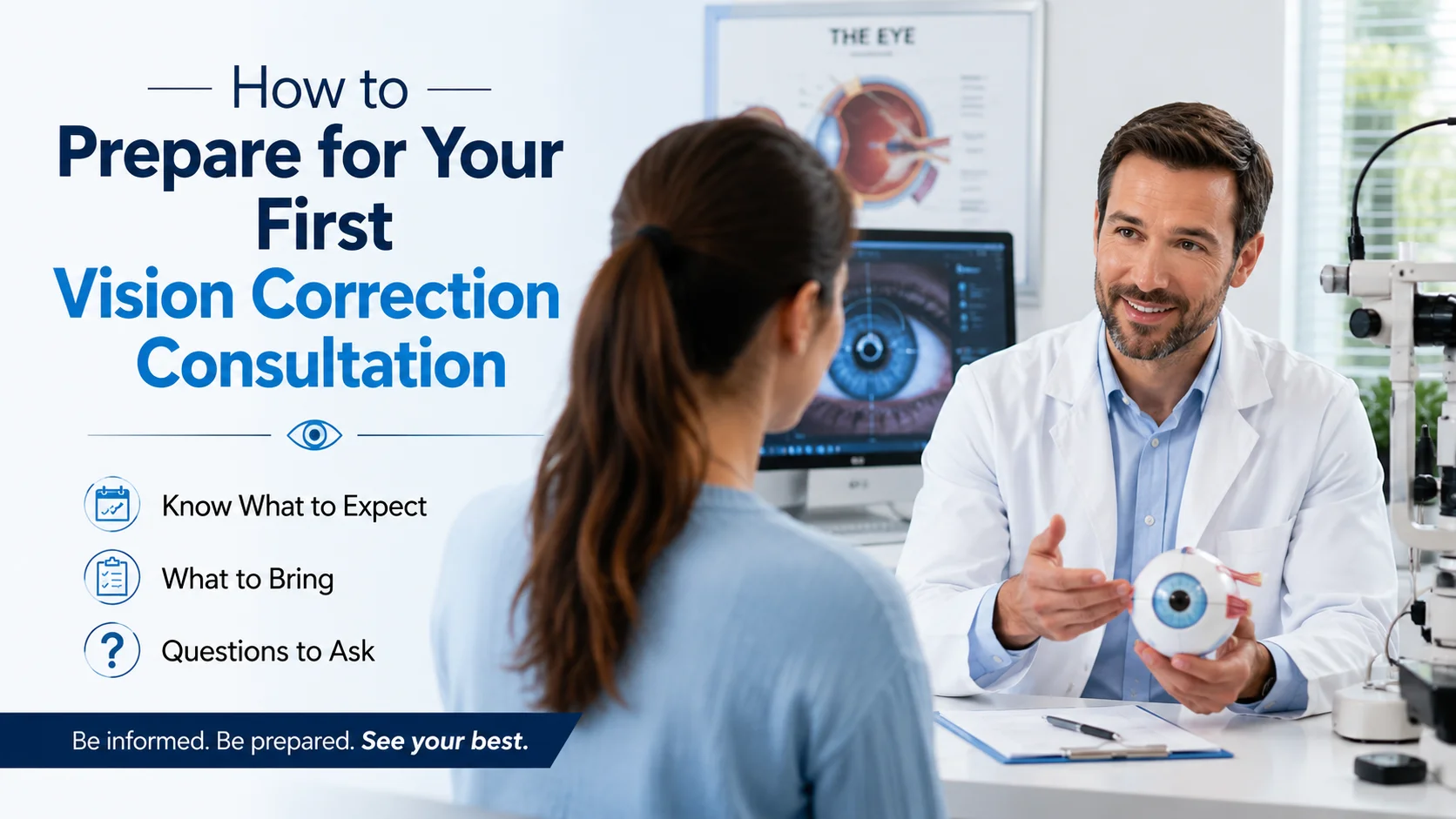 Eye doctor discussing a first vision correction consultation with a patient in a modern eye clinic, highlighting pre-surgery eye exams, diagnostic tests, and LASIK preparation.