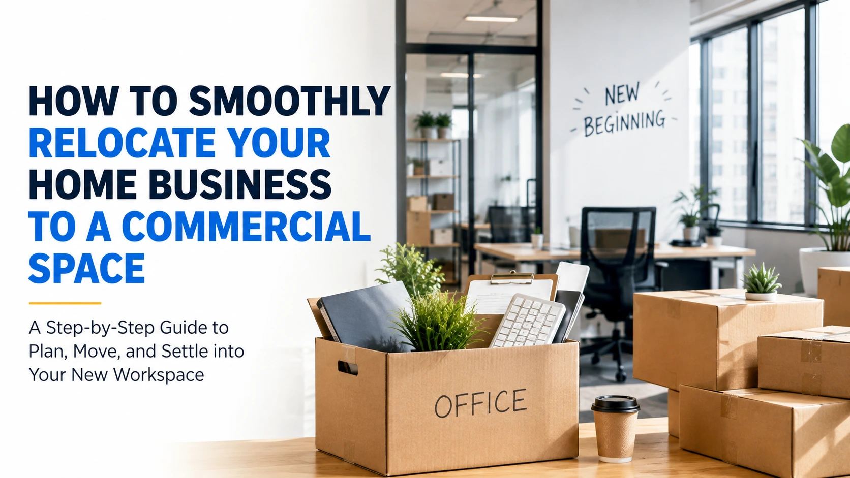 How to smoothly relocate a home business to a commercial space with office moving boxes and a modern workspace