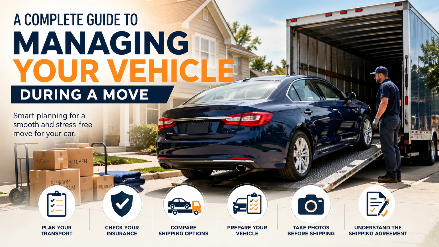 A car being prepared for transportation during a home move with moving boxes and a vehicle shipping trailer