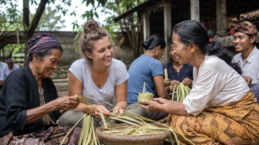 Traveler participating in a cultural volunteer activity with local community members during a meaningful travel experience.