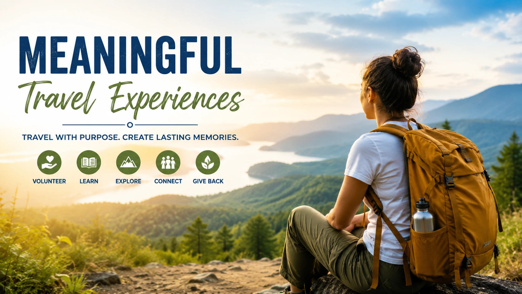 Hiker overlooking a scenic mountain landscape, representing meaningful travel experiences focused on adventure, personal growth, and purposeful exploration.