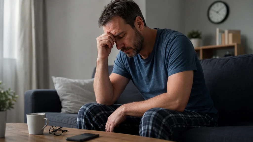 Tired middle-aged man sitting at home with his head in his hand, reflecting on declining energy and health