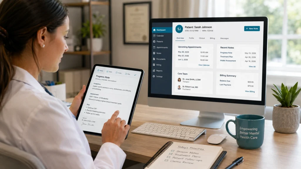 mental health EMR patient record and progress note on a digital healthcare system