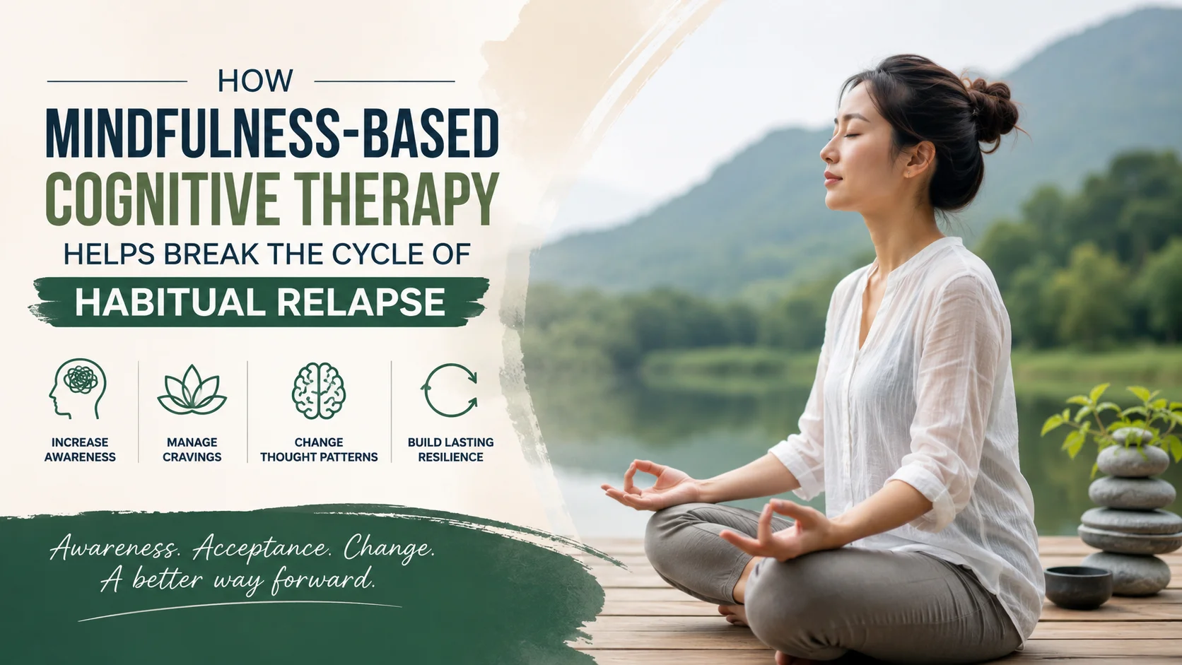 A woman practicing mindfulness meditation outdoors, illustrating how Mindfulness-Based Cognitive Therapy (MBCT) helps break the cycle of habitual relapse, reduce cravings, and build long-term emotional resilience.