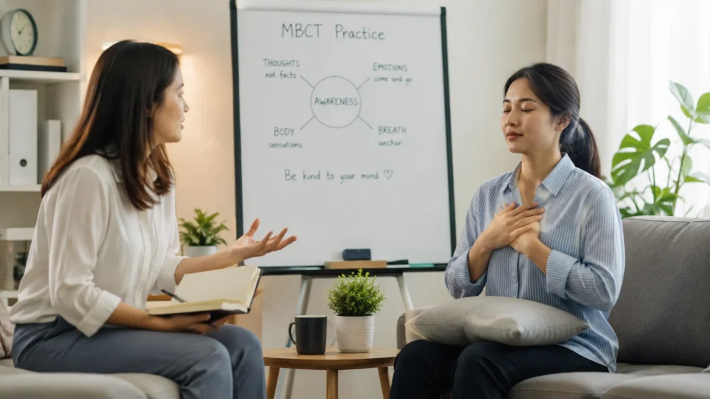 Mindfulness-Based Cognitive Therapy session showing a therapist guiding a patient through mindfulness exercises to help prevent relapse and build healthier coping habits.