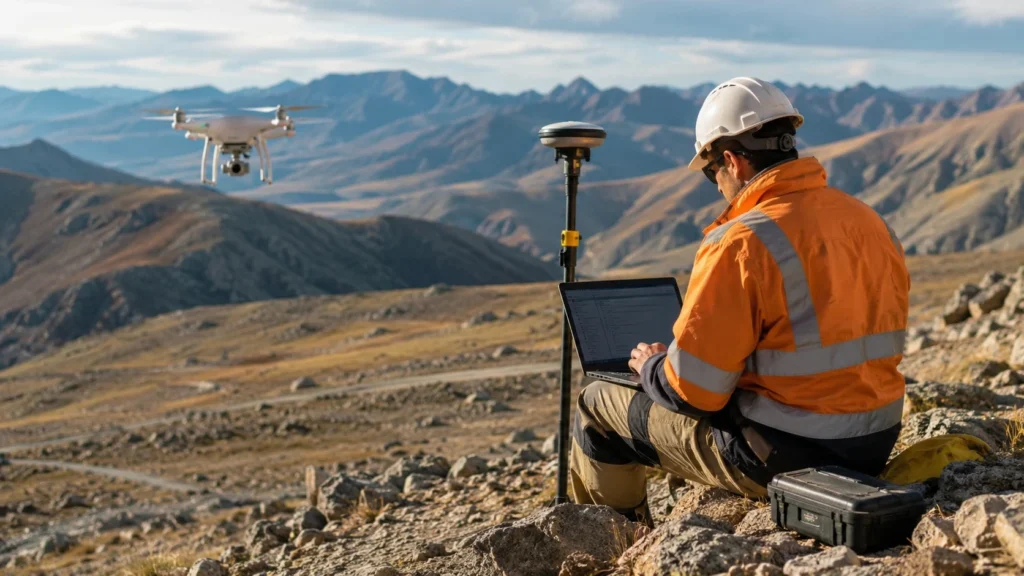 Mineral exploration technician using digital surveying equipment and a drone in a rugged mountain landscape