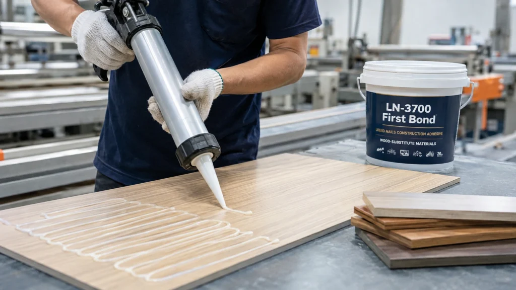 Worker applying OEM construction adhesive to SPC and wood-substitute panels in a Thailand manufacturing facility.