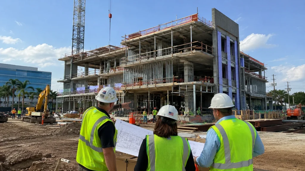 Orlando commercial construction project with workers reviewing plans at an active building site