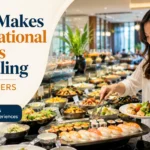 International buffet in Osaka featuring diverse dishes and a traveler enjoying a variety of foods