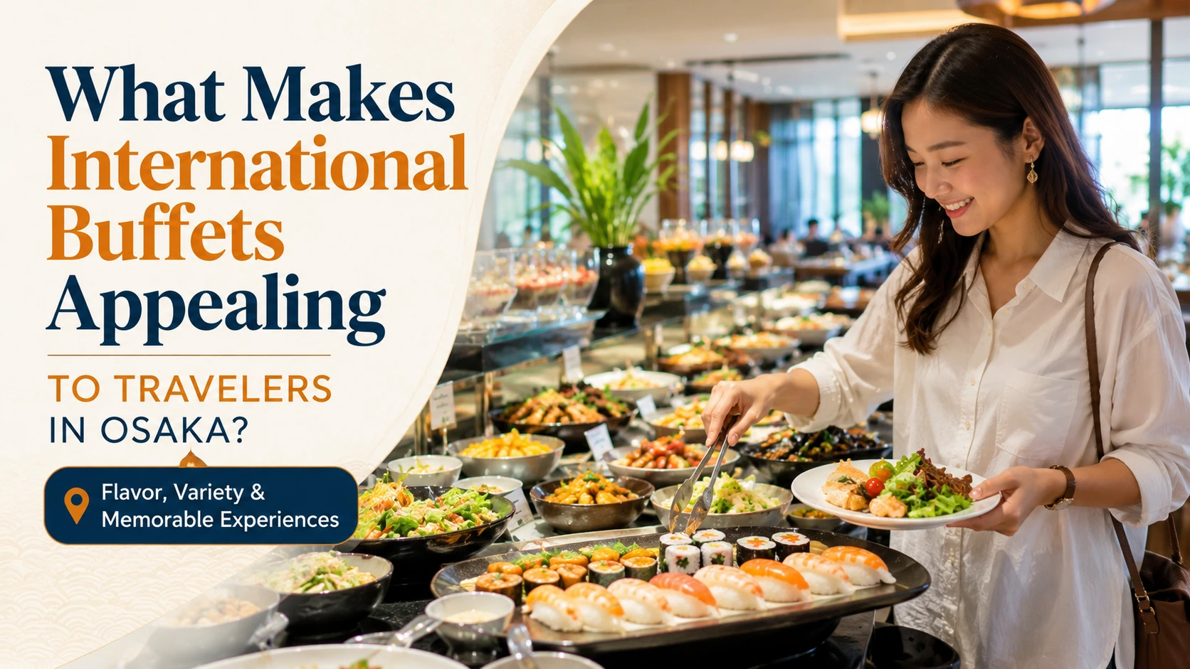 International buffet in Osaka featuring diverse dishes and a traveler enjoying a variety of foods