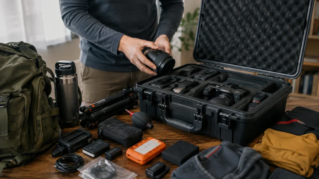 Traveler packing expensive outdoor gear into a protective foam-lined hard case for air travel