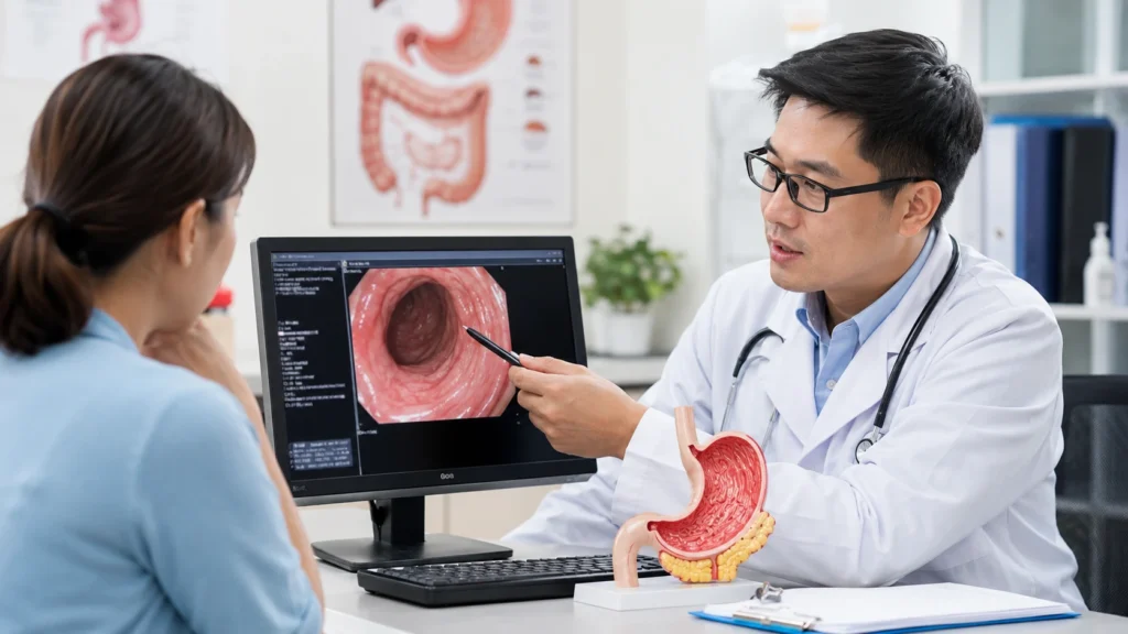 Doctor explaining gastroscopy results to a patient during a consultation for persistent stomach pain