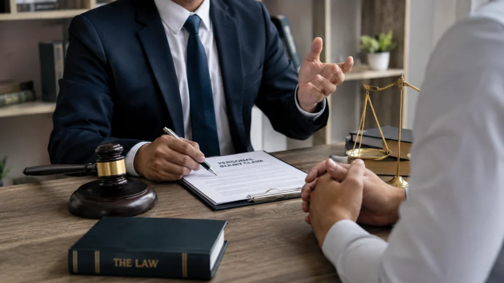 Lawyer explaining personal injury basics to an accident victim during a legal consultation with documents, scales of justice, and a gavel on the desk.