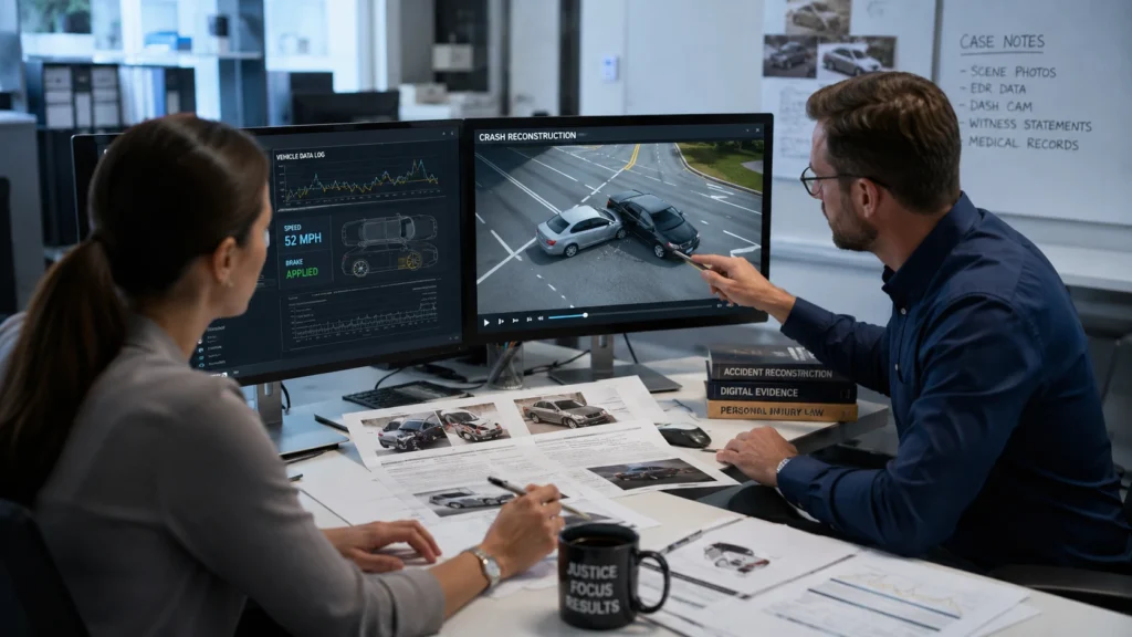 Personal injury legal team analyzing crash data and accident reconstruction evidence